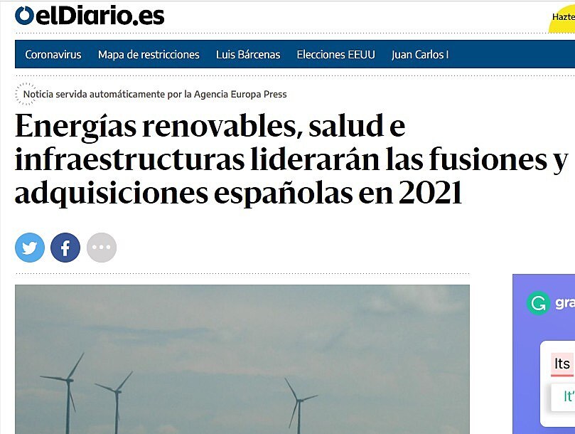 Energas renovables, salud e infraestructuras liderarn las fusiones y adquisiciones espaolas en 2021